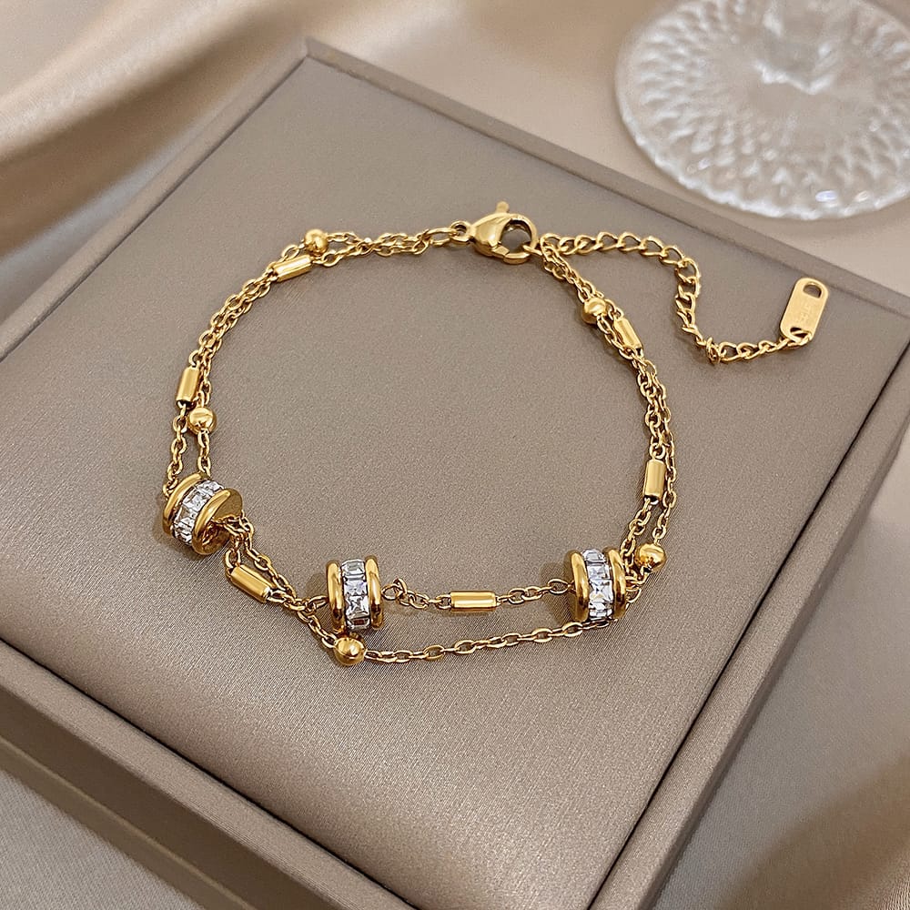 Stainless Steel Rhinestone Beads Double Layer Bracelet for Women