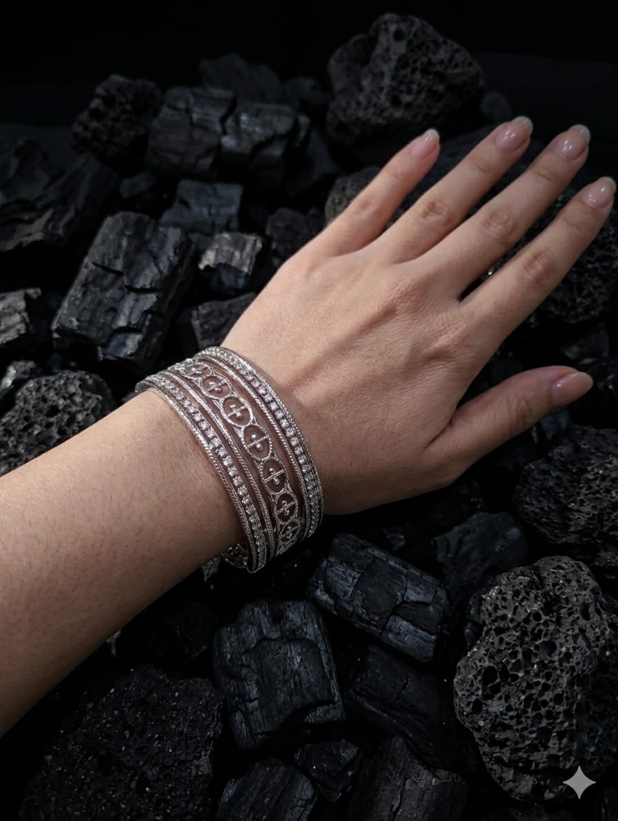 New Fancy Silver & Golden Steel Bangle Set