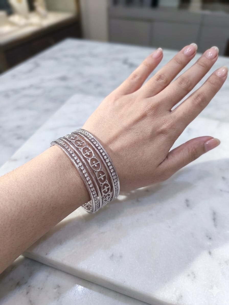 New Fancy Silver & Golden Steel Bangle Set