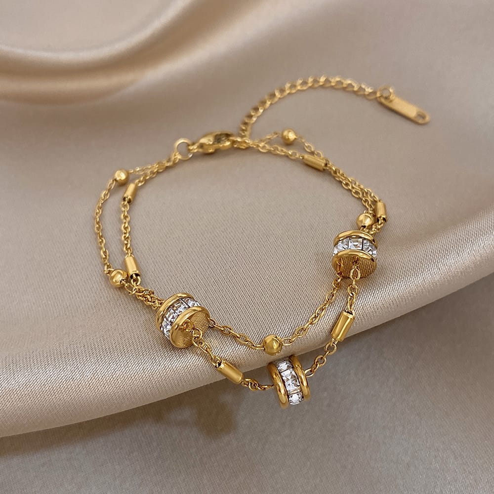 Stainless Steel Rhinestone Beads Double Layer Bracelet for Women
