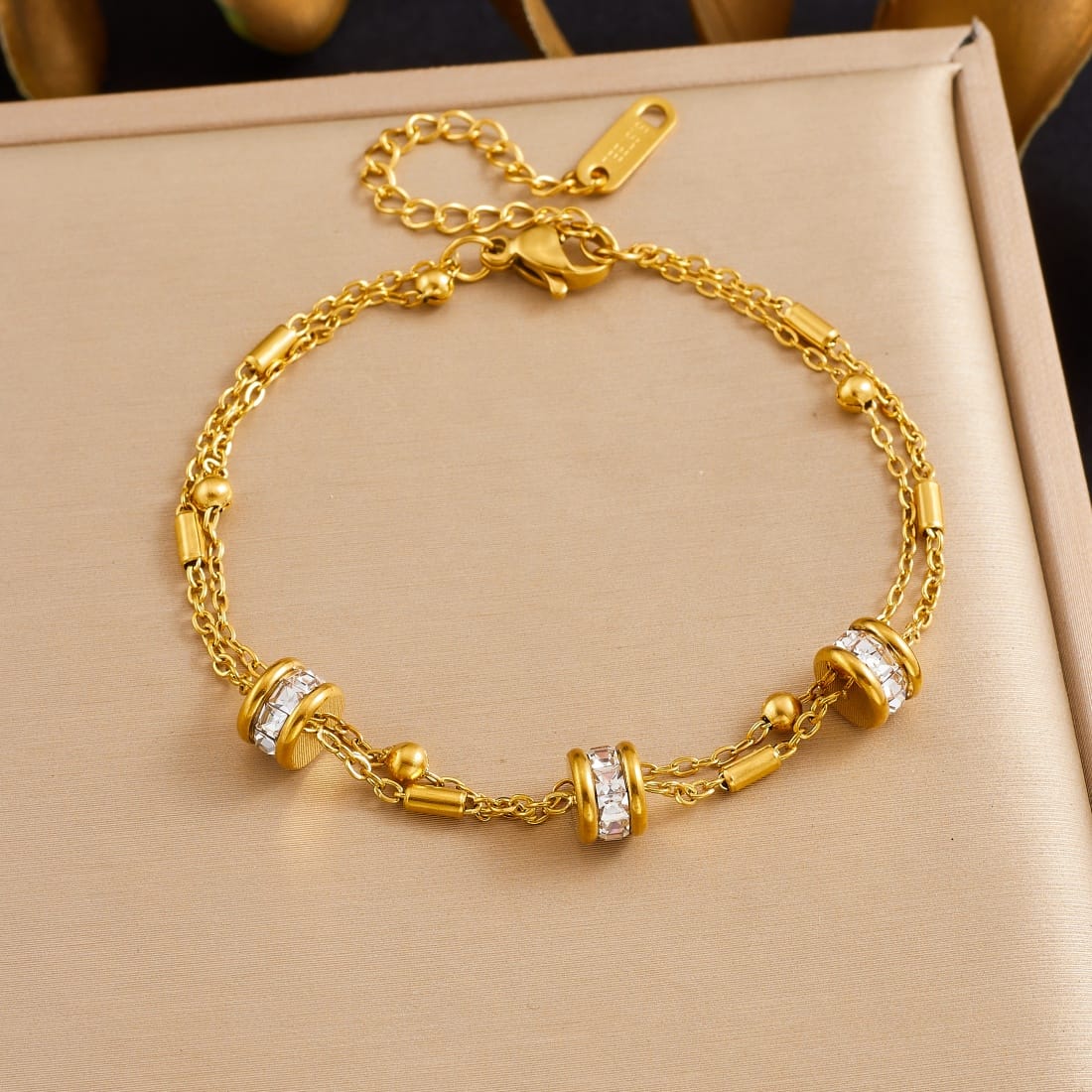 Stainless Steel Rhinestone Beads Double Layer Bracelet for Women