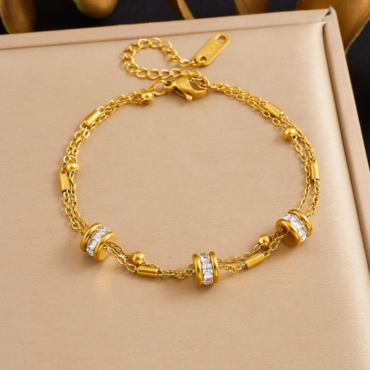 Stainless Steel Rhinestone Beads Double Layer Bracelet for Women
