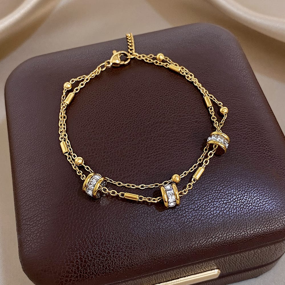 Stainless Steel Rhinestone Beads Double Layer Bracelet for Women