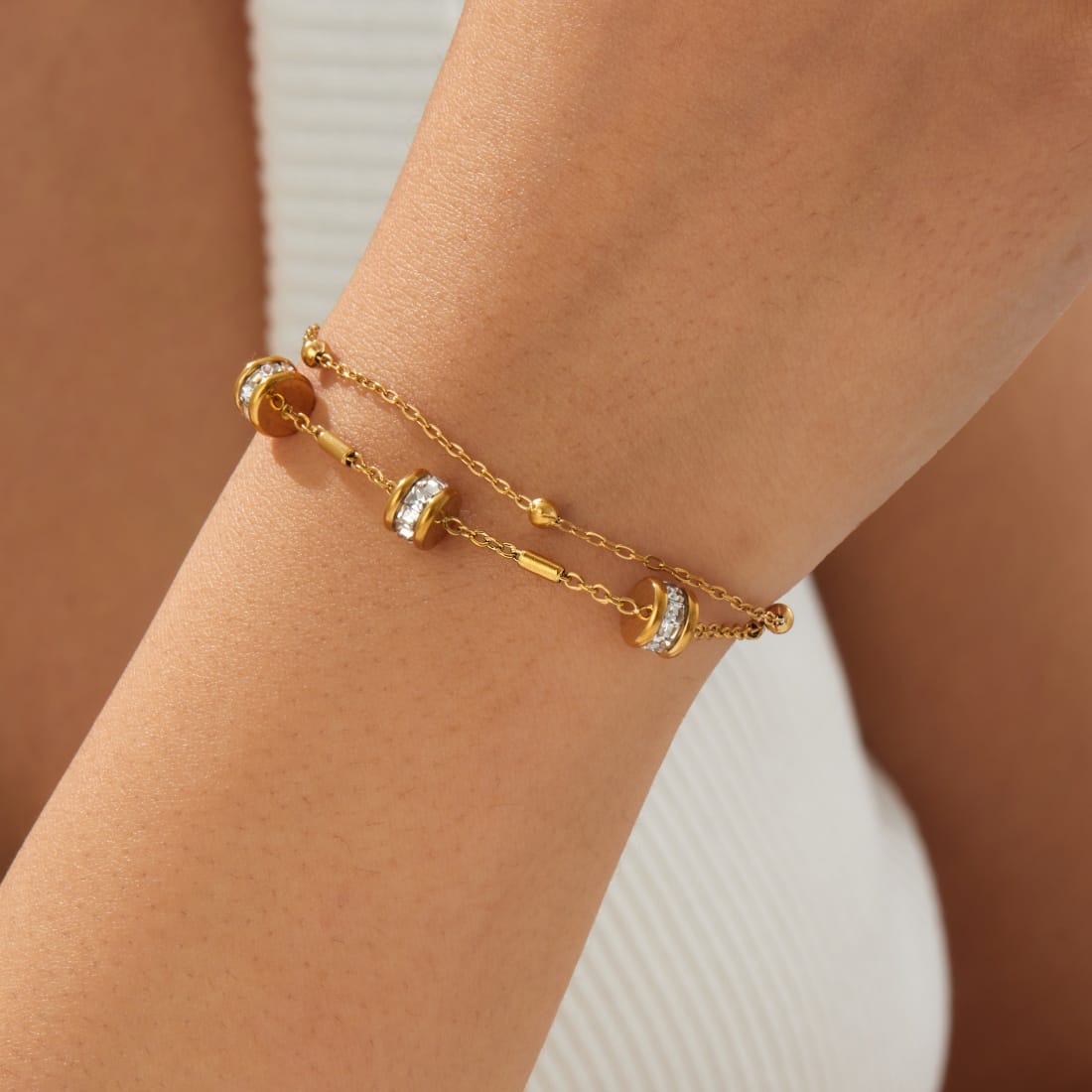 Stainless Steel Rhinestone Beads Double Layer Bracelet for Women